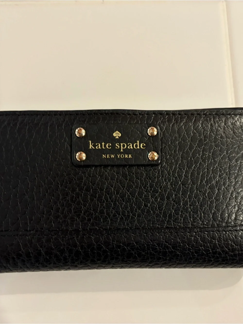 Kate Spade Black Pebbled Leather Wallet with Gold Plaque
